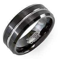 Tungsten Carbide Men's Ladies Unisex Ring Wedding Band 8MM (5/16 inch) Center Groove Black Beveled Edge Comfort Fit (Available in Sizes 8 to 12) size 9