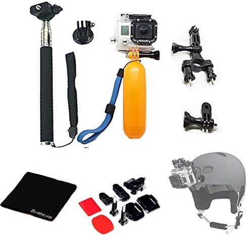 BlueHorn 5in1 For Go Pro Accessories Bundle Kit Ultimate Combo GoPro Hero 4 Hero 3+ Hero 3 Hero 2 Digital Camera, Black Extendable Telescopic Handheld Pole / Arm Monopod / Stick Monopod Pod with Tripod Mount Adapter + Orange Floaty Bobber with Strap Floating Diving Buoyancy Camera Hand Grip / Handle Mount Stick with Screw + Bicycle Bike Handlebar / Seatpost Clamp Roll Bar Mount Max for 4CM Diameter Seatpost Pole Mount with 3-way Adjustable Pivot Arm for Gopro Accessories +Front helmet Mount + Microfiber Cleaning Cloths