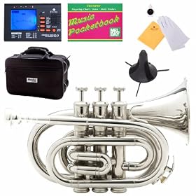 Mendini MPT-N Nickel Plated B Flat Pocket Trumpet w/ Case, Stand, Pocketbook, & Chromatic Tuner with Metronome