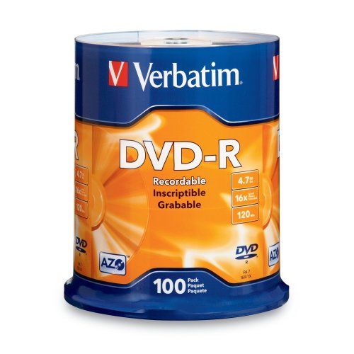 Verbatim 95102 4.7 GB 1x-16x 120 Minute Branded Recordable Disc DVD-R, 100-Disc