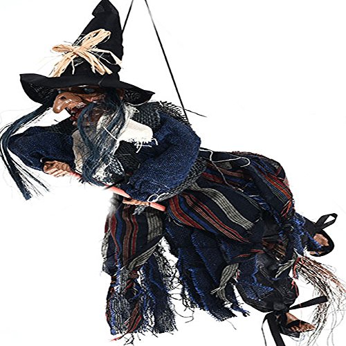 WuKong 29.3″ Hanging Witch Halloween Haunted House Prop Yard Scary Shrill Laughter And Lighting Eyes Decor (blue)