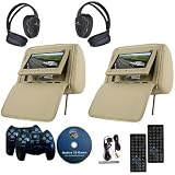 Pair of BEIGE Headrest 7" LCD Car Monitors with Region Free DVD player USB SD Wireless Headhones + Wireless Game Controllers + 32 Bit Games