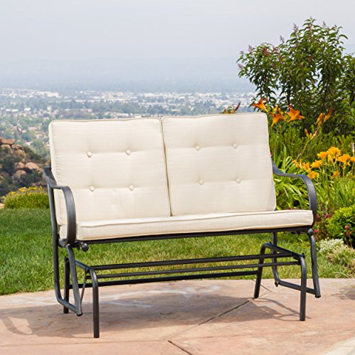 Outdoor Rocking Bench with Beige Cushions
