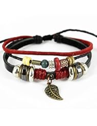 Jewelry: Bluegrass Vintage Leaf Pendant Multistrand Leather Red Braided Rope Hand-knitted Bracelet,Adjustable - Bluegrass