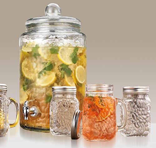 Durable Hammered Glass Beverage Dispenser with Spigot 3-gallons, with Four (4) Matching Handled Hammered Glass Mason Drinking Jars with Lids 16-oz ~ Home Bar &amp; Party Glassware Drinkware Set