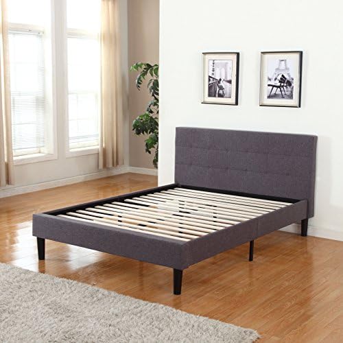 Modern Tufted Grey platform Bed Frame with Wooden Slats (Queen)