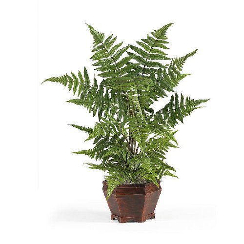 New Forest Fern w/Wood Planter Silk Plant Colorful Ornamental Leaves Delicate Stems