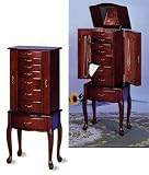 Queen Anne Style Jewelry Armoire in Mahogany Wood Finish with Eight Deluxe Drawers, Two Side Doors, and Mirror