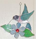 Outdoor Living : Blue Hummingbird Stained Glass Suncatcher with Shepherds Hook