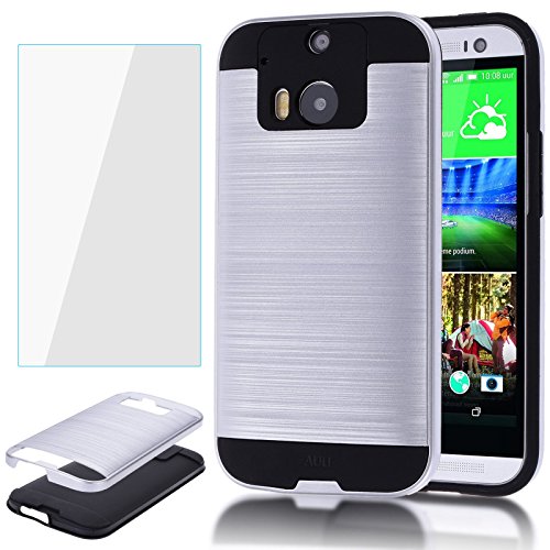 HTC M8 Case,HTC One M8(2014) Case,AUU Dual Layer Metal Texture Hybrid Full Body Impact Resistant Armor Shockproof Cover Heavy Duty Skin Shell For HTC One M8 Silver+ Tempered Glass Screen Protector
