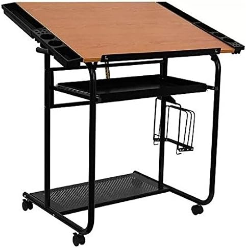 Adjustable Drawing And Drafting Table With Black Frame And Dual Wheel Casters