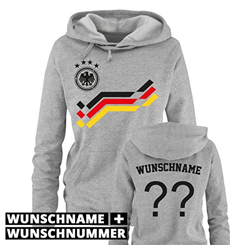 EM 2016 – RETRO-TRIKOT – WUNSCHDRUCK – Damen Hoodie – Grau / Schwarz-Rot-Gelb Gr. S