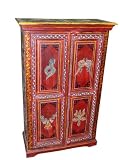 Home Decorative Red Painted Snake Charmer Rare Wooden Armoire Cabinet Chest From India