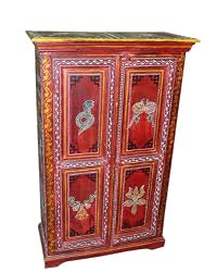 Home Decorative Red Painted Snake Charmer Rare Wooden Armoire Cabinet Chest From India