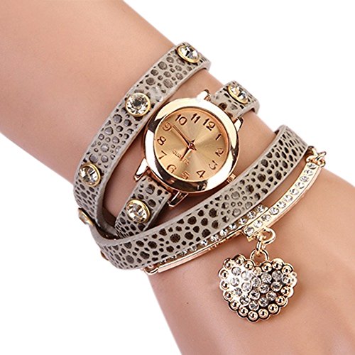 Women's Fashion Rhinstone Faux Leather Wrap Bracelet Quartz Watch with Heart Pendant (Grey)