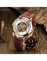 Youyoupifa Unisex Fashion Simple Hollow Carving Style of Business White Mechanical Watches with Brwon Leather Strap