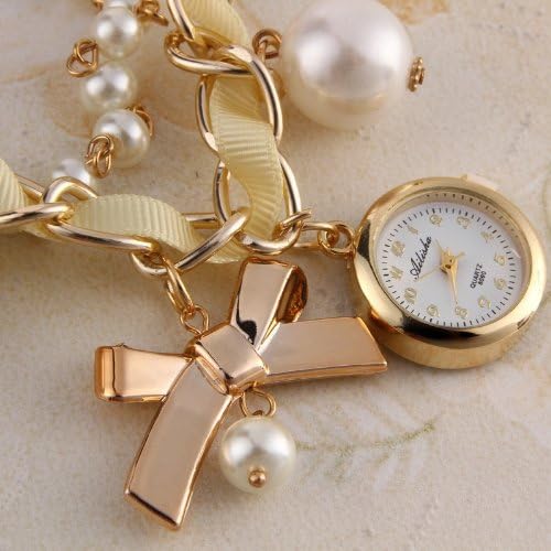 Coo Watches Women's Elegant Quartz Bracelet Watch Rhinestone Pearl Watches for Lady (Beige)
