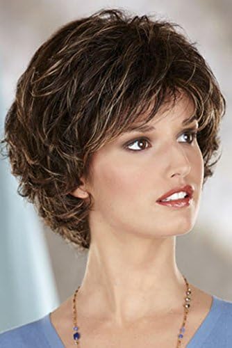 WY Blue Sky New Girl Women Brown Mixed Golden Short Full Curly Wave Layered Medium Size Side Swept Bangs Fringe Flowing Synthetic Cosplay Hair Wigs as Real Hair +Free Wig Cap