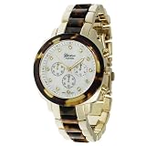 Geneva Platinum 9151 Women's Rhinestone Decorative Chronograph Link Watch-TORTOISE/GLD
