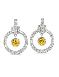 Round Diamond Earrings With Bow Embellishments In 18K White Gold With A 0.95 ct. Genuine Yellow Sapphire Center Stone.
