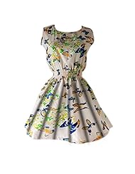 Round Neck Chiffon Floral Print Elasticized   Waistline Sleeveless Mini Dress 