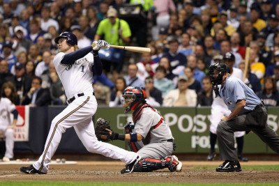 St Louis Cardinals v Milwaukee Brewers - Playoffs Game Six, Milwaukee, WI - October 16: Corey Hart Photographic Poster Print by Christian Petersen, 12x18