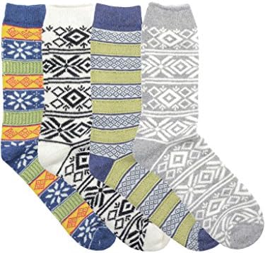 Woolly Mammoth Warm Winter Jacquard Wool Crew Socks, European Made - 4 PACK #2 Fair Isle Blue Grays - Shoe size: 41-45 EU/8-12 US Men