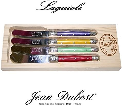 French LAGUIOLE Dubost - Set of 4 Butter Knives - Multi Rainbow Colors : Red - Yellow - Mint Green - Purple (Stainless Steel Lemmet - Genuine Quality Family Dinner Colour Table Flatware/Cutlery Spreaders Setting - Each Knife: 6 Inches - Direct From France)