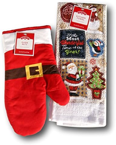 Holiday Christmas Oven Mitt and Kitchen Towel Set - Santa and Friends