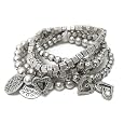 Burnish Silver Tone Multi Charm Metal Ball Stretch Bracelet Fashion Jewelry