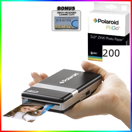 Polaroid CZA-10011B PoGo Instant Mobile Printer (Black) + Polaroid Zink Media 200 Pack Photo Paper + Dbroth Micro Fiber Cloth