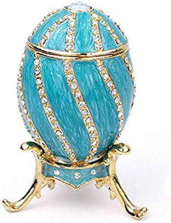 Gold Plated Faberge Egg Austrian Crystal Art Nouveau Spiral Aqua Trinket Box 3" and Matching Necklace 18"
