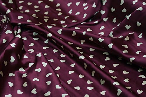White Heart Print Silk Elastic Satin Fabric, Blue, Red, Green, Black Printed Fabric By the Yard (Red)