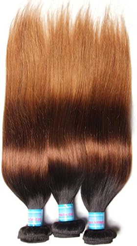 KLAIYI Hair Brazilian Hair 3 Bundles Silky Straight Hair Ombre Color Three -tone Real Human Hair Extensions  (16 18 20inch, Ombre ColorT1B#/4#/26#)