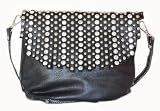 Black Leather Handbag Rhinestone Embellished Hobo or Clutch with Fringe Black