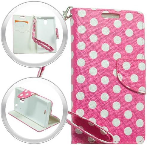Sharp Aquos Crystal 306SH Pouch Horizontal Flap Credit Card With Strap Protector Case Cover - Hot Pink/ White Polka Dot