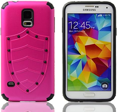 ULIKE Samsung Galaxy S5 Case, Shield Pattern Hybrid Impact Shockproof Hard Cover, Defender Armor Case with PC Shell and Soft TPU Skin Layer for Samsung Galaxy S5 I9600 (Hybrid Armor Series) with 2-Pack High Defintion (HD) Clear Screen Protectors -- 99.99% Clarity and Touchscreen Accuracy (Rose Red)