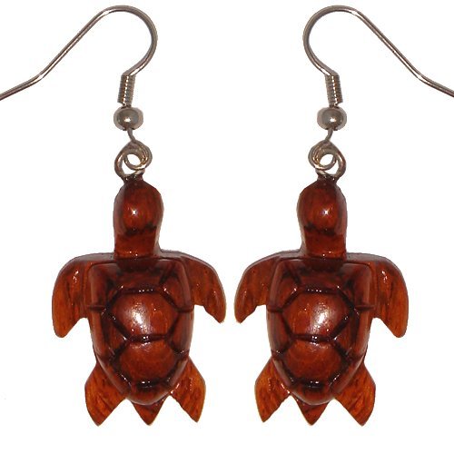 Hawaiian Jewelry Koa Wood Honu Turtle Dangle Pierce Earrings