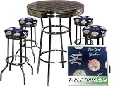 NEW YORK YANKEES BASEBALL Glass Top Chrome Bar Table Set With 4 Swivel Bar Stools