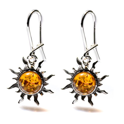 Certified Genuine Honey Amber and Sterling Silver Flaming Sun Hook Earrings