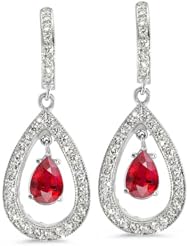 Pear Shaped Diamond Earrings In 18K White Gold With A 0.75 ct. Genuine Ruby Center Stone.