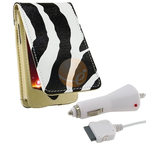 Black White Zebra Leather Case for Apple iPod Touch + White Rapid Car Charger