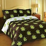 New King Size 7 Piece Reversible White / Black Marijuana POT Leaf Comforter & White 800 Count Microfiber Sheet Set