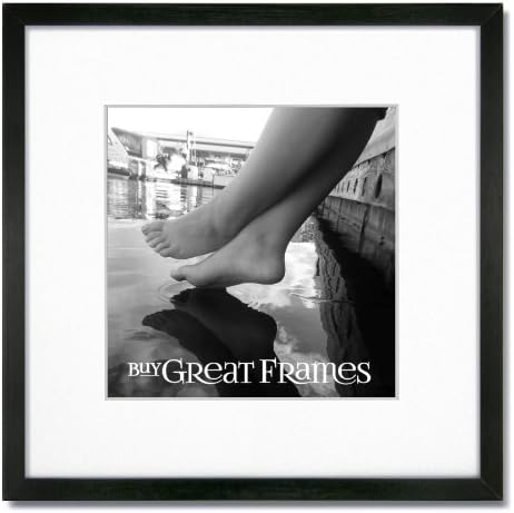 One 12x12 Square Black Wood Picture Frame and Clear Glass with Single White Mat for 8x8