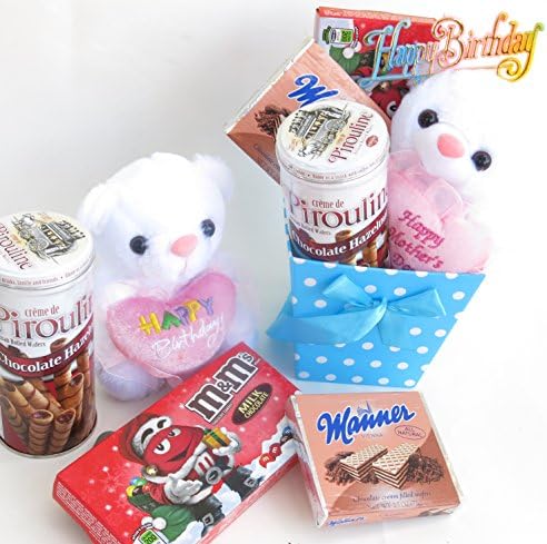 Kid's birthday gift, basket includes container of pralines, , jumbo box of m&amp;m's, wafers, and ''Happy Birthday 'teddy