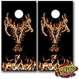 CL0043 Flaming Buck Skull CORNHOLE LAMINATED DECAL WRAP SET Decals Board Boards Vinyl Sticker Stickers Bean Bag Game Wraps Vinyl Graphic Image Corn Hole Deer Hunter Hunting Browning