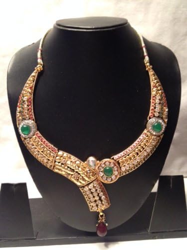 Party Wear Polki Green Red White Stone Kundan CZ Pendant Bridal Necklace Set Indian Gold Tone Jewelry