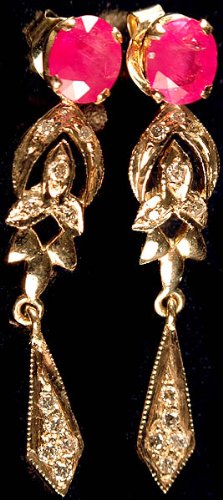 Faceted Ruby Earrings with Diamonds - 18 K Gold