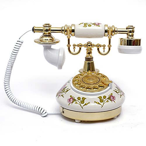 LNC White Rose Flower Ceramic LNC Retro Vintage Antique Style Rural Rotary Dial Desk Telephone Phone Home Living Room Decor