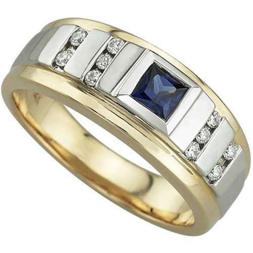 0.20 Ct.T.W. Round Brilliant Cut Diamonds, 0.43 Ct. Blue Sapphire, 14Kt. Two Tone Gold. Diamond and Blue Sapphire Two Tone Men's Band